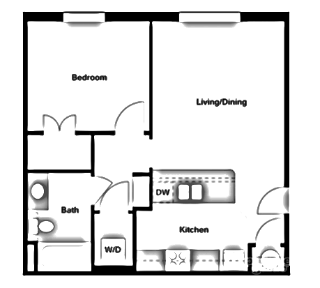 Floor plan for 1 bed, 1 bath, 665 sqft